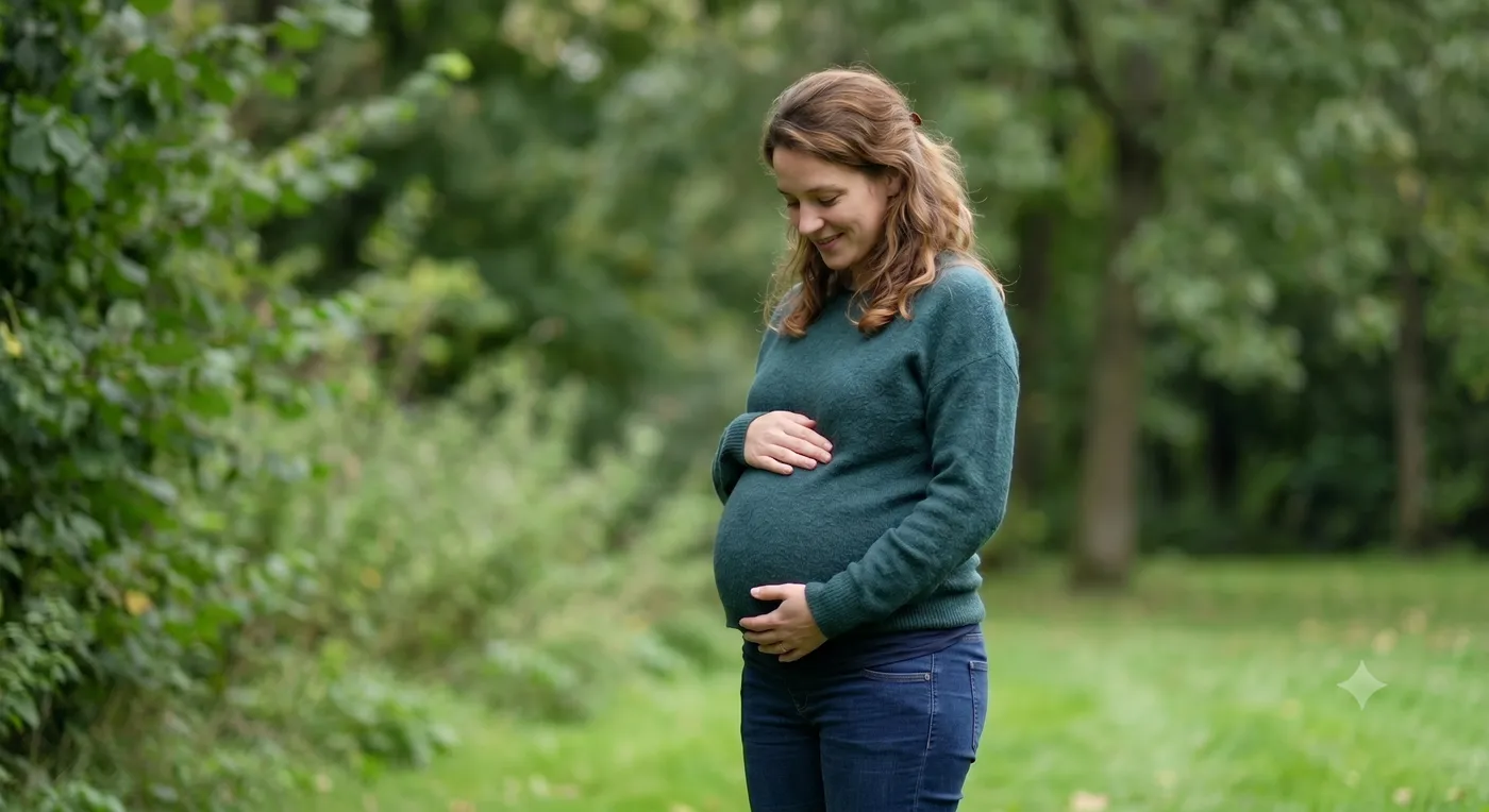 An expectant mother cradling her bump in soft natural light